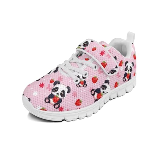 Kids Sneakers for Boys Girls Running Tennis Shoes Lightweight Breathable Sport Athletic Panda Strawberry Pattern（White Sole）