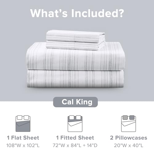 Comfort Spaces 100% Cotton Sheets Cal King, Breathable, Naturally Cool Cotton Sheets, Cotton Bed Sheets with 14" Elastic Pocket Fits up to 16" Mattress, All Seasons Sheet Set, Good Vibes Grey 4 Piece