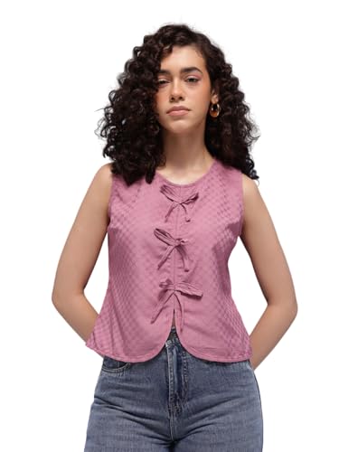 Image of Amazon Brand - INKAST Women Textured Sleeveless Peplum Tunic Top|Round Neck Multi-Tie Front Blouse|Casual Wear|