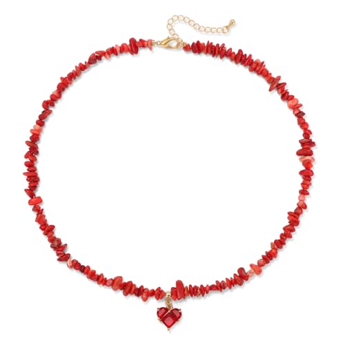 GolbalJew Red Coral Healing Crystal Beaded Necklace Stone Chips Beads Heart Pendant Choker Necklaces for Women Gemstone Jewelry Gifts
