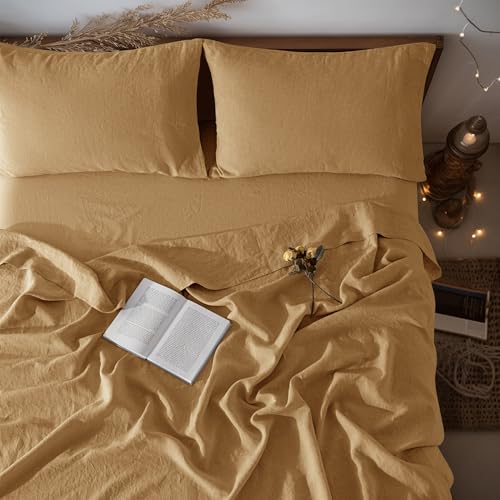 LBRO2M 100% Linen Sheet Set Queen Size,Bed Sheets 4 Piece Sets,Solid Color Natural Flax Bed Sheets Soft Breathable Bedding,16