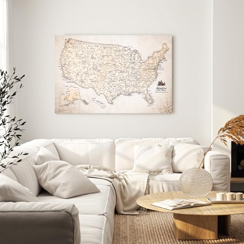 Image of IPIC - Vintage USA Map Pin Board Canvas Wall Art, Travel Map with Pins Included, Ready to Hang for Home or Office 36x24 Inch