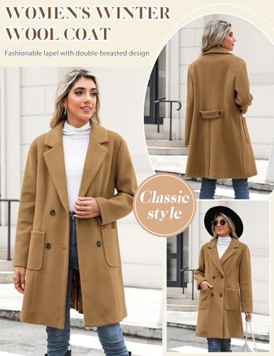 Yuson Girl Wintermantel Damen Langer Wollmantel Herbst Winter Klassischem Revers Coat Warmer Übergangsmantel Elegant Kurzmantel Einfarbig Jacke Outwear mit Doppelreihigen Knöpfen(Camel, S)