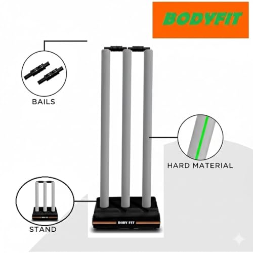 Image of Bodyfit Heavy Cricket Stumps | Plastic Wickets Set with 3 Stumps + 2 Bails + 1 Stand | Full Size Wickets for Cricket Ground, Tournament Wicket. (Grey-Black)