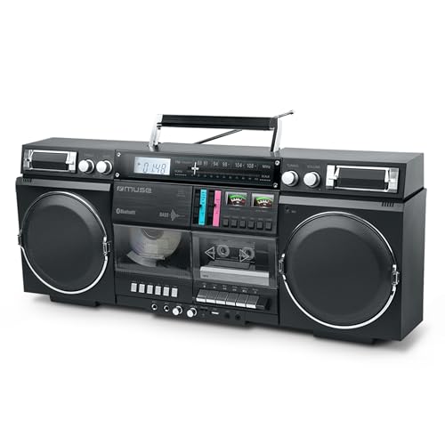 MUSE Boombox Bluetooth Retro z radiem, CD, magnetofonem, mocą wyjściową 80 W, USB, Aux, gniazdo na kartę micro SD