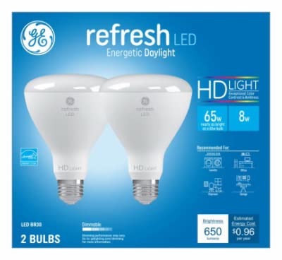 GE Lighting Refresh LED Light Bulbs, 65 Watt Eqv, Daylight HD Light, BR30 Indoor Floodlight Bulbs, Medium Base (2 Pack) White