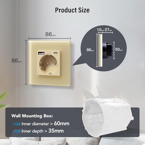 BSEED Steckdose aus Glas mit 20W USB C, Schnellladeger&auml;t Wandsteckdose, 3 in 1 Unterputz Steckdosen, Einfache Installation, 240V 16A, 86mm 1 Fach Gold, 4 Pack