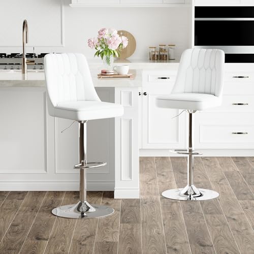 Image of Swivel Bar Stools Set of 2 - White Barstools with Back,Adjustable Counter Height Bar Stools with Sturdy Metal Legs,Leather Counter Height Stools Ideal for Kitchen Island Pub(25''-33''H)