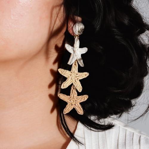 Boho Raffia Earrings Starfish Shell Seashell Dangle Drop Earrings Cute Statemnet Trendy Summer Beach Jewelry for Women2