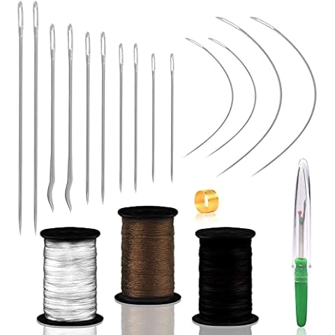 19 Pack Upholstery Needle and Thread, Leather Needles+ Curved Needles+ Nylon Thread+ Thimble+ Seam Ripper, Upholstery Needles and Thread Kit for Canvas Leather Carpet Repair Cover