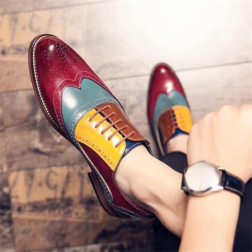 Image of Mens Two Tone Faux Leather Lace Up Brogue Oxford Shoes Classic Wingtip Loafers Low Top Flat Party Formal Business Derby Dress Shoes