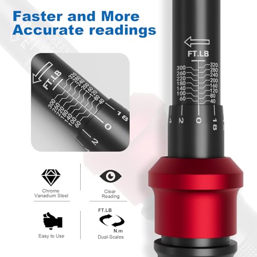 SUERCUP 1/2-Inch Click Torque Wrench- 40-320FT.LB/54.2-433.6Nm Dual-Direction Adjustable 72 Tooth Drive Click Torque Wrench with Storage Case for Product Assembly and Car Repair