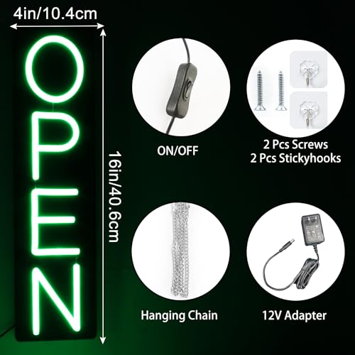 Image of Open Signs for Business 12V /2A Ultra Bright LED Neon Open Sign 16 Inch Lighted Electric Light Up Open Sign for Business Storefront Window Glass Door Retail Shop Bar Salon Restaurant,vertical Green