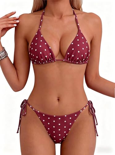 Image of Tainehs Women's Sexy Halter Thong Bikini Tie Two Sides Bottom Triangle Bikini Swimsuits