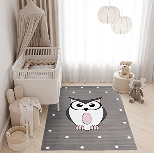TAPISO Pinky Teppich Kurzflor Grau Rosa Weiß Modern Süße Eule Punkte Design Kinderzimmer...