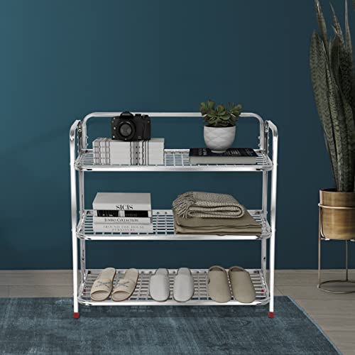 Plantex Shoe Stand for Home|Steel Shoe Rack for Home|Shoe Organiser|Rack for Shoes|Mini Shoe Rack Cover 3 Layer (Silver)