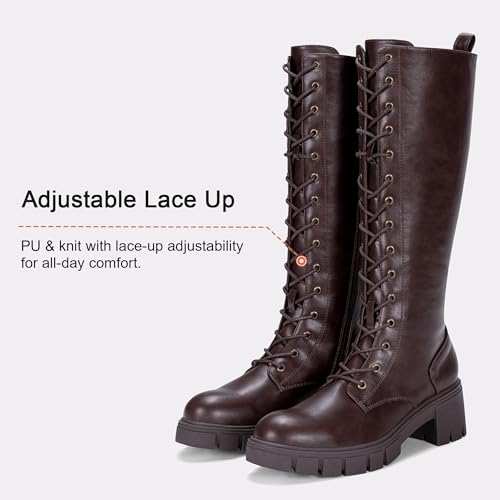 Image of Vepose Women's 953 Knee High Combat Boots Chunky Platform Heel, Lace Up Gothic Punk Work Boots for Dresses and Jeans