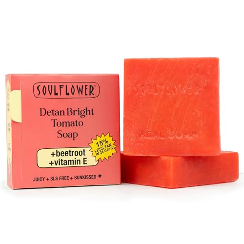 Image of Soulflower Juicy Red Tomato Soap for Tan Removal | Handmade Cold-Processed Natural Bathing Bar For Hard Water with Vitamin E & Beetroot|Skin Brightening, Anti-Acne & Pimple Care|All Skin Types|100g