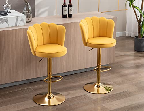 Kmax Velvet Bar Stools Swivel Height Adjustable Counter Stools With Golden Base Nailhead Footrest Petal Back For Kitchen Island, Set Of 2- Yellow #TOP3