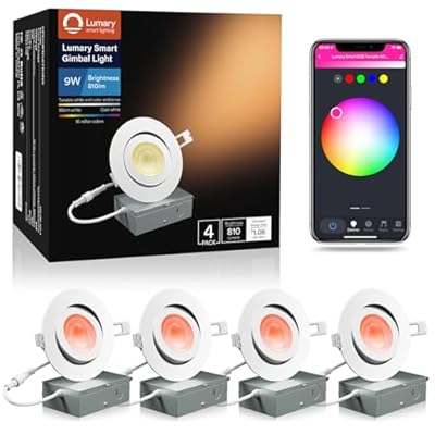 Lumary Smart LED Recessed Lighting 4 Inch, 40° Tilt Gimbal Directional Light ETL & FCC, Canless Downlight with J-Box, CCT & RGB Color Changing Recessed Lights 9W 810Lm, Work with Alexa Google, 4 Pack