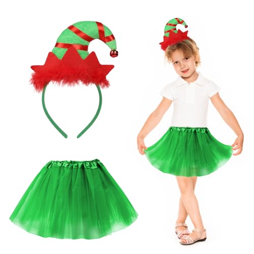 HONMOK 2pcs Noël Déguisement Lutin pour Enfant Fille Ensemble Costume Elfe inclut Robe Tutu Serre-tête Déguisement pour Fête Anniversaire Carnaval(Vert, 3...