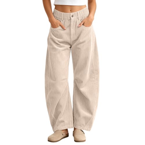Corduroy Barrel Pants Women Baggy Wide Leg Elastic Waist Palazzo Trousers - image 2