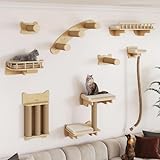 BYBYME Katzenkletterwand-Set aus Naturholz, 8-teiliges stabiles Möbelstück mit Kratzbäumen, Kätzchenplattform, 100 cm Sisalseil, Spielen und Faulenzen von Katzen (Naturholz)