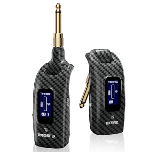 Sistema inalámbrico para guitarra T9, transmisor y receptor de audio inalámbrico para guitarra, bajo e instrumentos eléctricos, conectores de 1/4" y 1/8", pantalla LCD, Bluetooth, volumen ajustable, 5 horas de autonomía miniatura 1
