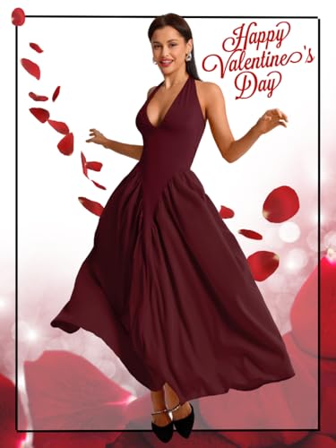 Image of ChiaoLezhee Deep V Neck Dress, Halter Maxi Dresses, Vacation Date Night, Sexy for Women Corset Flowy Wedding Guest Drop Waist