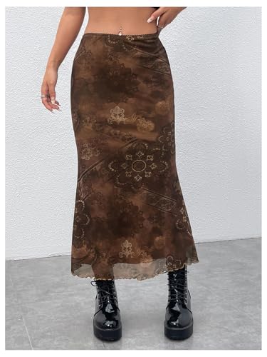 Women's Floral Midi Skirt Boho Mesh High Waisted Bodycon Summer Skirts4