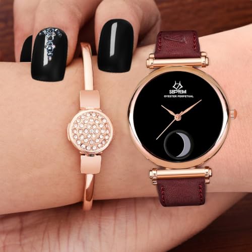 Image of Septem Adjustable Lieather Belt Stylish Dial Watch for Girls and Woman Analog Wrist Watch for Women (SP-303~Black-Septem PT)