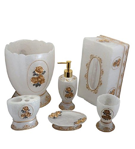 6 Piece Luxury Bathroom Accessory Set Polyresin Acrylic (Roses)