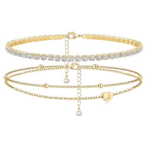 Image of Initial Ankle Bracelets for Women, Dainty Gold Layered Heart CZ Bead Anklets, 14K Gold Plated Waterproof Summer Beach Jewelry Set