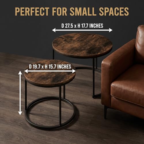 Image of Round Coffee Tables for Living Room, Set of 2 (Rustic Wooden) | living room side table, Drink Tables for Small Spaces