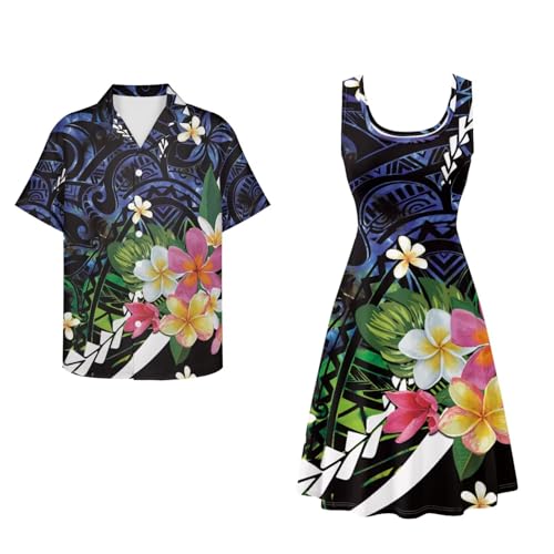 Image of Dreaweet Summer Dresses for Women A-Line Sleeveless Flowy Sun Dresses,Men's Casual Button-Down Shirts,Couple Matching Outfits
