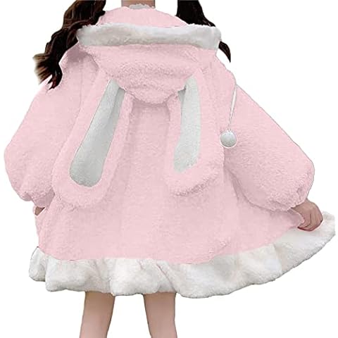 FULKAN Womens Full Zip Up Sherpa Hoodie Fuzzy Fleece Jacket Teen Girls Kawaii Anime Cute Rabbit Ears Hooded Sweatshirt Outwear Oversized Sweet Lovely Winter Warm Fluffy Coats Cover
