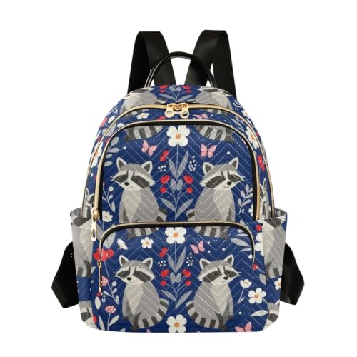 Sac à dos raton laveur bleu Wudan taille S-M scolaire avec motifs fleurs