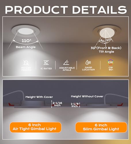 CLOUDY BAY 15W 6 inch 5 Color Swivel LED Gimbal Recessed Light with Junction Box, IC Rated Air Tight Flicker Free,120V CRI90+, 2700K/3000K/3500K/4000K/5000K Temperature Selectable,White, Pack of 4