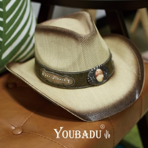 Image of YOUBADU Western Straw Cowboy and Cowgirl Hats with Decorative Bands - Unisex Wide Brim Raffia Style Sun Hat