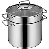 WMF Nudeltopf mit Sieb 24 cm Induktion, Kochtopf groß 7l, Spaghettitopf mit Glasdeckel, Cromargan Edelstahl poliert, Pastatopf