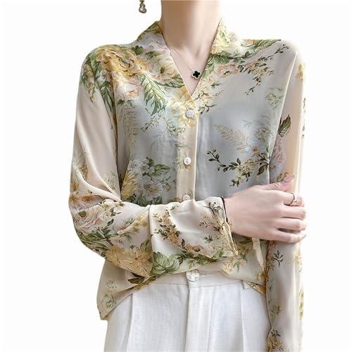 Blusa de Chiffon Estampado Floral - Escote en V Manga Larga Top Boho Mujer Casual(Florid-A,Large)