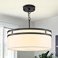 Modern Black Drum Chandelier 15.75" White Linen Pendant Lights 4-Light Dining Room Light Fixture Kitchen Chandeliers over Table Dimmable Ceiling Light Fixture for Entryway Foyer Hallway Living Bedroom