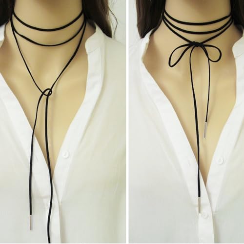 Lange Choker Kette Damen Velours Lederhalskette Schlüsselbein Choker Halskette Stretch Vintage Boho Leder Halsketten Verstellbare Schwarz Halsband Damen Schmuck für Halloween Geburtstag Party Cosplay