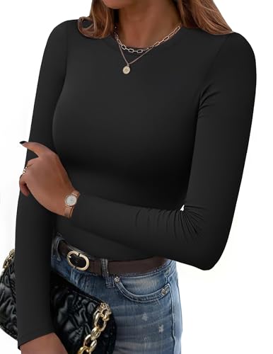Hotouch Langarmshirt Damen Basic T-Shirt Slim Fit Sexy Tops Elegant Einfarbig Longshirt Stretch Oberteil Casual Rundhals Tee Shirt Schwarz M