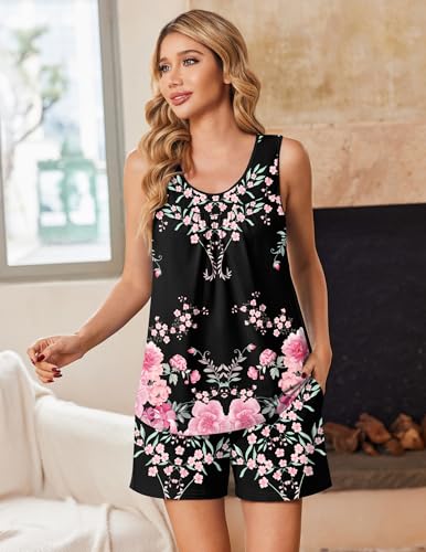 Image of Ekouaer Womens Sleeveless Pajama Sets Summer Tank Tops Pjs 2 Piece Lounge Set Comfy Shorts Sleepwear with Pockets