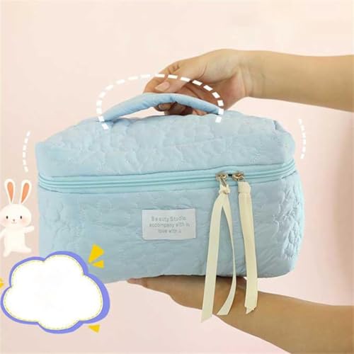 Image of Sprqcart Quilted Cotton Makeup Bag for Women - Large Capacity Travel Cosmetic Organizer with Zipper - Cute Floral Toiletry Pouch - Handheld Portable Multifunctional Storage Purse | Blue