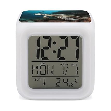 Sea Turtle Printed Alarm Clock Night Glowing Cube for Kids and Toddlers ， 7 LED Color Changing Wake