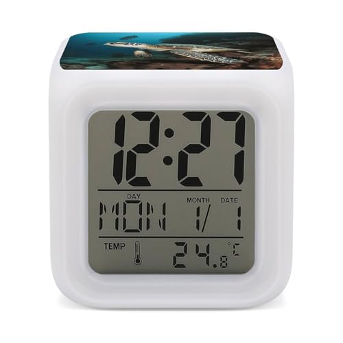 Sea Turtle Printed Alarm Clock Night Glowing Cube for Kids and Toddlers ，7 LED Color Changing Wake Up Clock Home Decor Bedroom Digital with Temperature Display