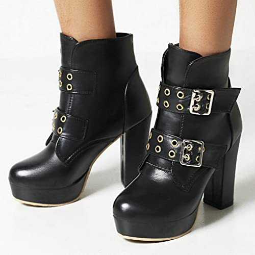 KOKOMOMO Womens Goth Buckle Platform Boots High Chunky Heeled Booties2