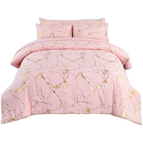 PERFEMET Pink Gold Comforter Set 6Pcs King Size Bed in a Bag Glitter Glam Metallic Marble Bedding Set Ultra Soft Lightweight Bed Comforter Set with Sheets (Blush Gold, King) Cover